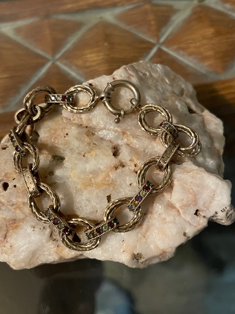 Sterling Silver Gold Link Bracelet with Multicolored Gem Stones